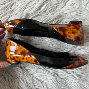 GUCCI Patent Leather Open Peep Toe Black Brown Tortoise Ballerina Flat Shoes 7